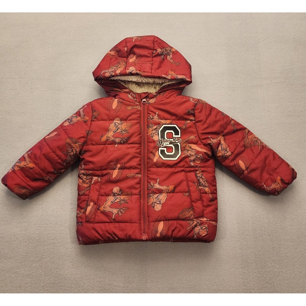 Marvel Spider-Man Toddler Boys 2T Puffer Jacket Hooded Full Zip Sherpa Lined Red